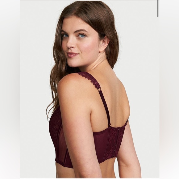 NWT Victoria’s Secret unlined eyelash lace hook & eye berry satin bustier corset - Picture 5 of 11